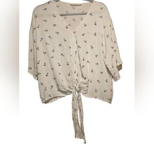 Nautical Anchor Print Tie-Front Cropped Blouse.